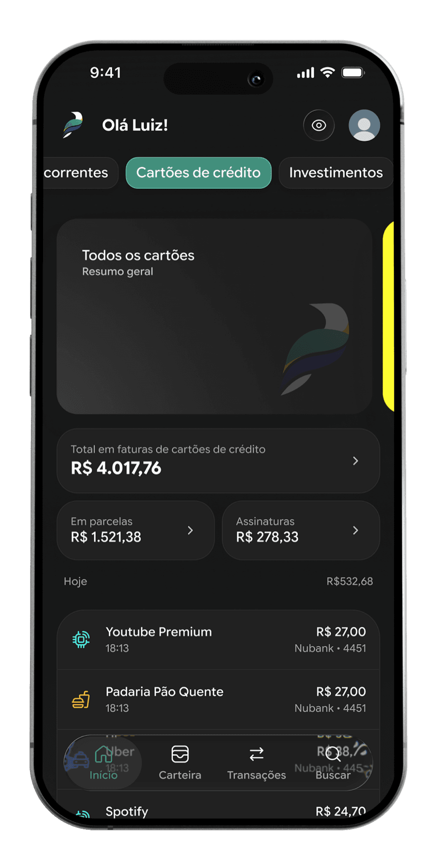 Tela de cartões da Pluma com faturas, parcelas e assinaturas