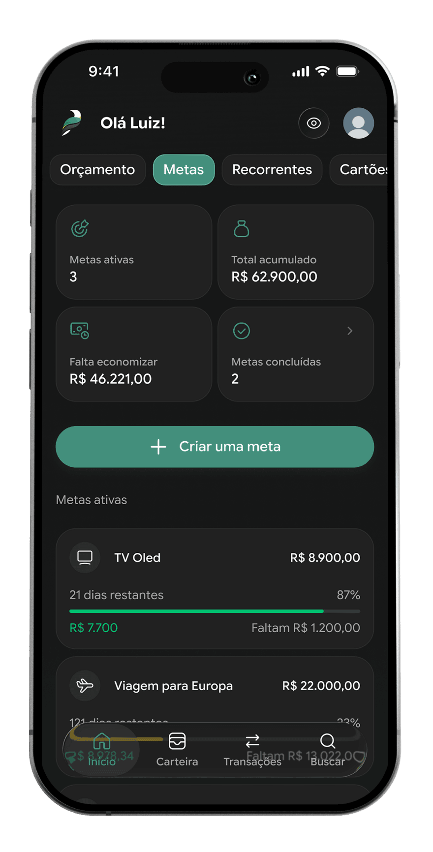 Tela de metas da Pluma com progresso de objetivos financeiros