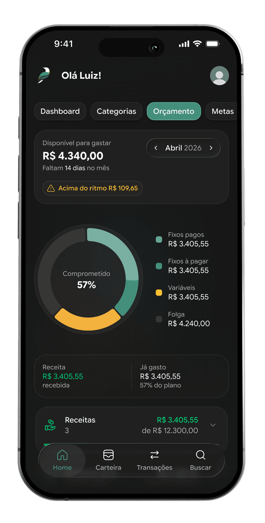 Tela de orçamento da Pluma com o quanto já foi comprometido no mês